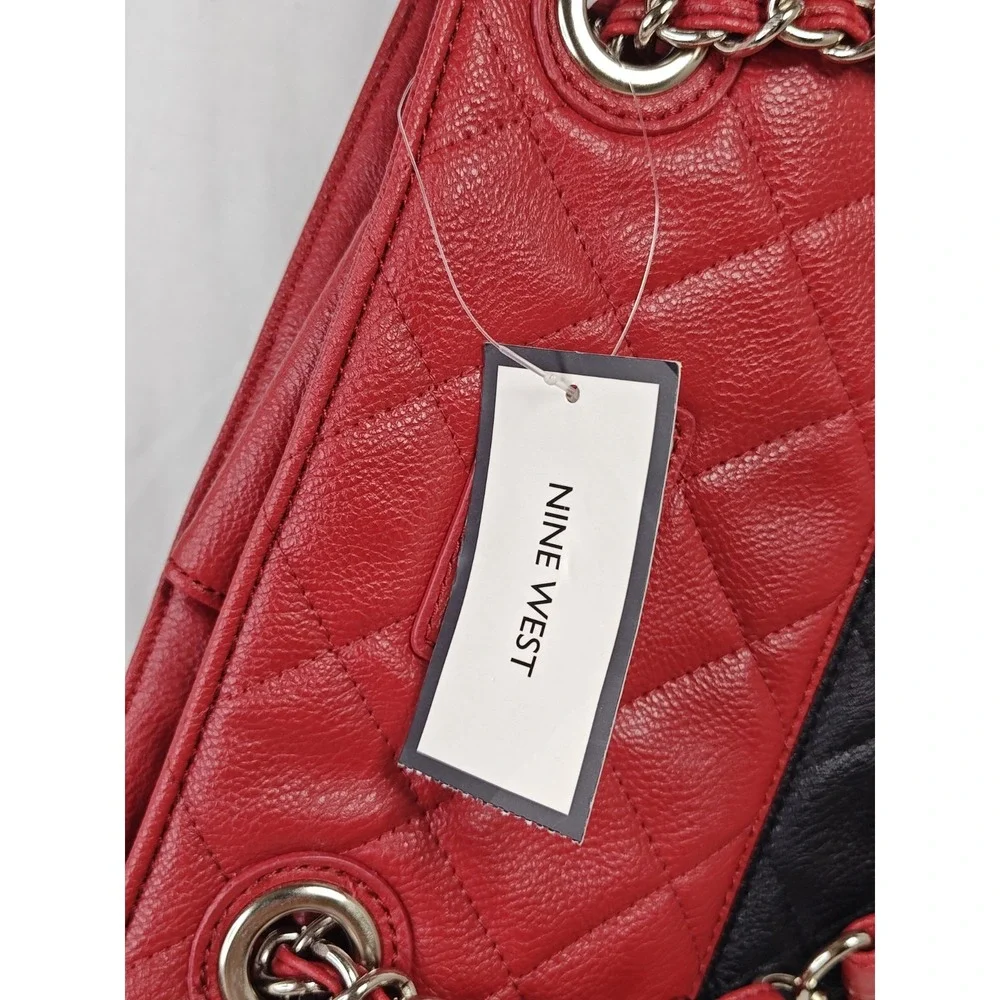 Nine West Quilted Colorblock Tote Purse Red Black Chain Strap NWT 60268715-F70